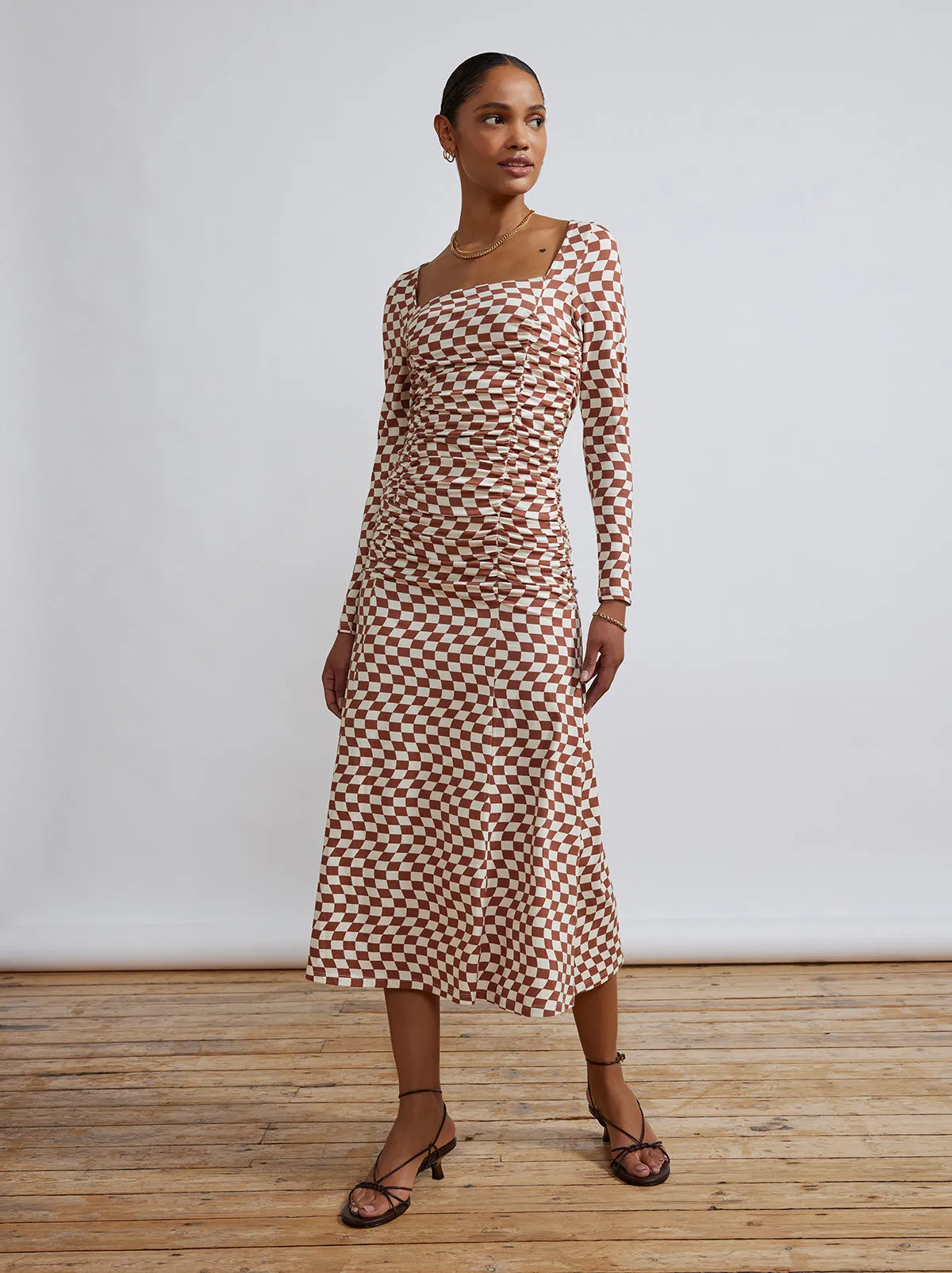 Diedre Wavy Checker Ruched Jersey Dress