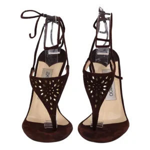 Jimmy Choo Laser-Cut T-Strap Suede Sandals. Size 36