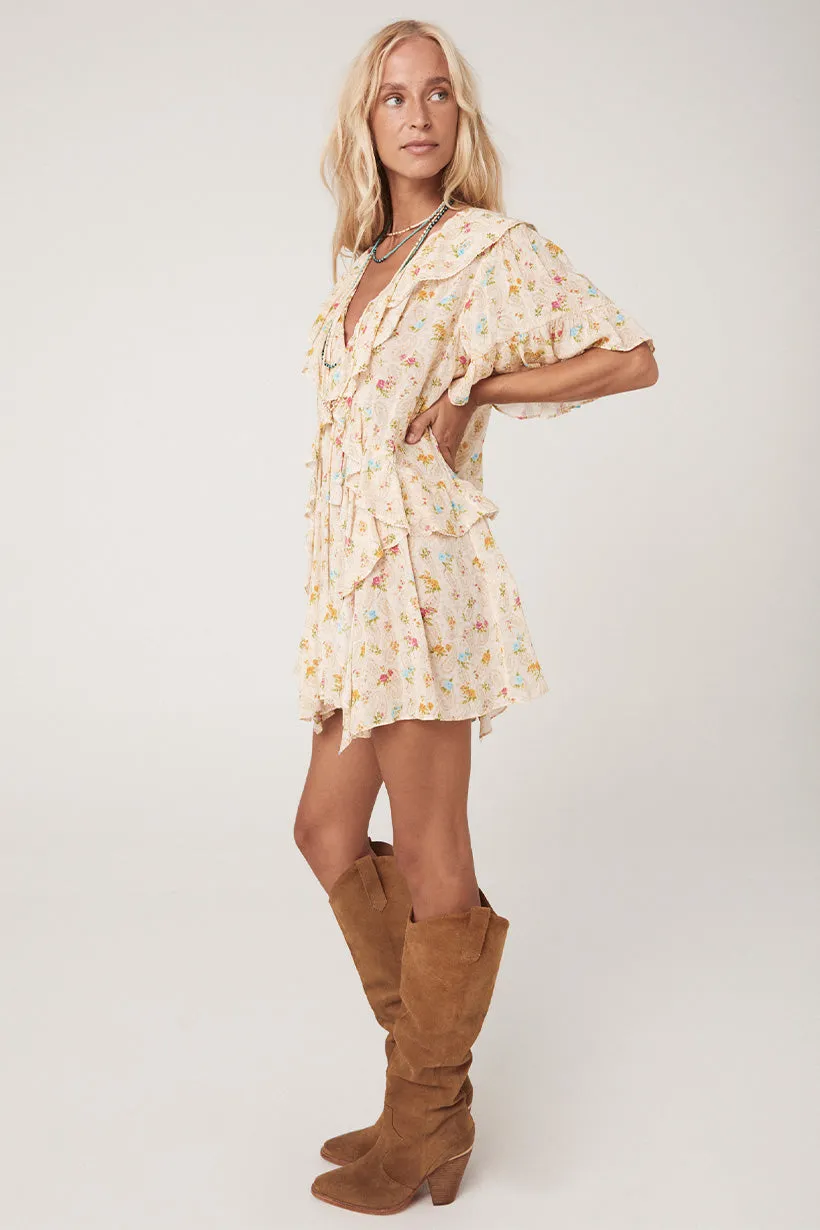 Spell Fleur Flutter Sleeve Mini Dress - Macaroon