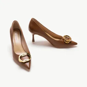 Stacked Metal Buckle Pumps (Olivia) Brown