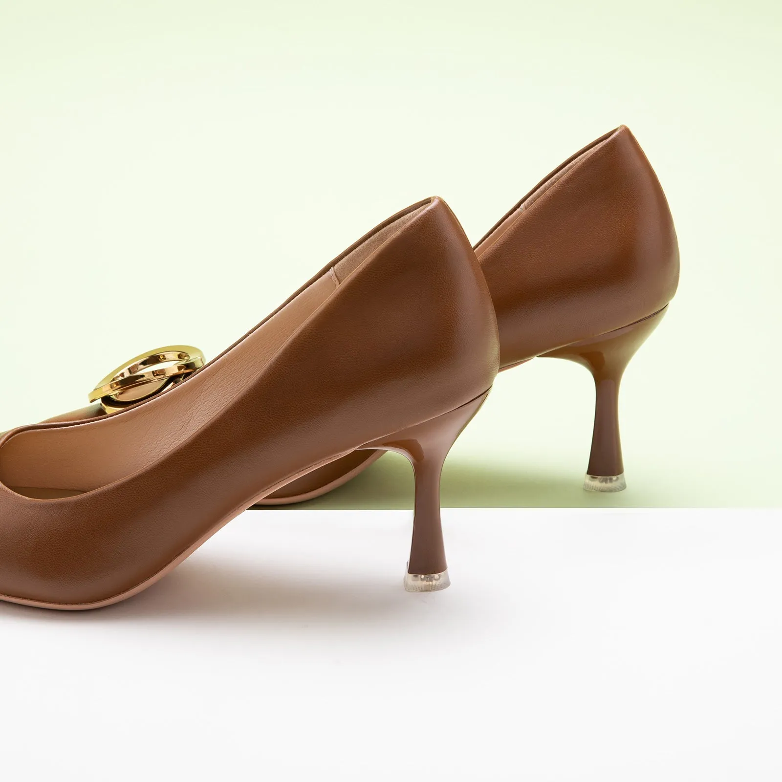 Stacked Metal Buckle Pumps (Olivia) Brown