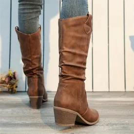 Women's Comfortable Slouchy Motorcycle Boots – Mid Heel, Round Toe, V-cut Design, Solid Color, Stable Block Heel, Easy Slip-On