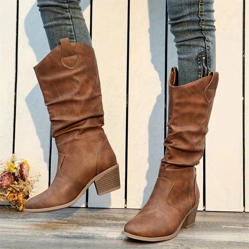 Women's Comfortable Slouchy Motorcycle Boots – Mid Heel, Round Toe, V-cut Design, Solid Color, Stable Block Heel, Easy Slip-On