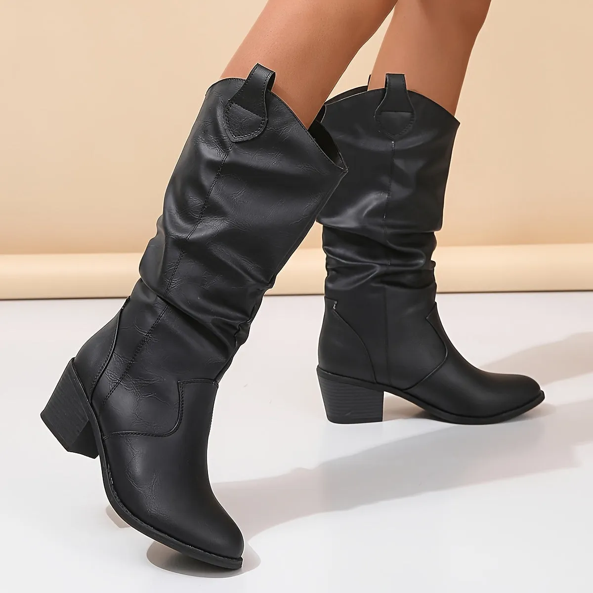 Women's Comfortable Slouchy Motorcycle Boots – Mid Heel, Round Toe, V-cut Design, Solid Color, Stable Block Heel, Easy Slip-On